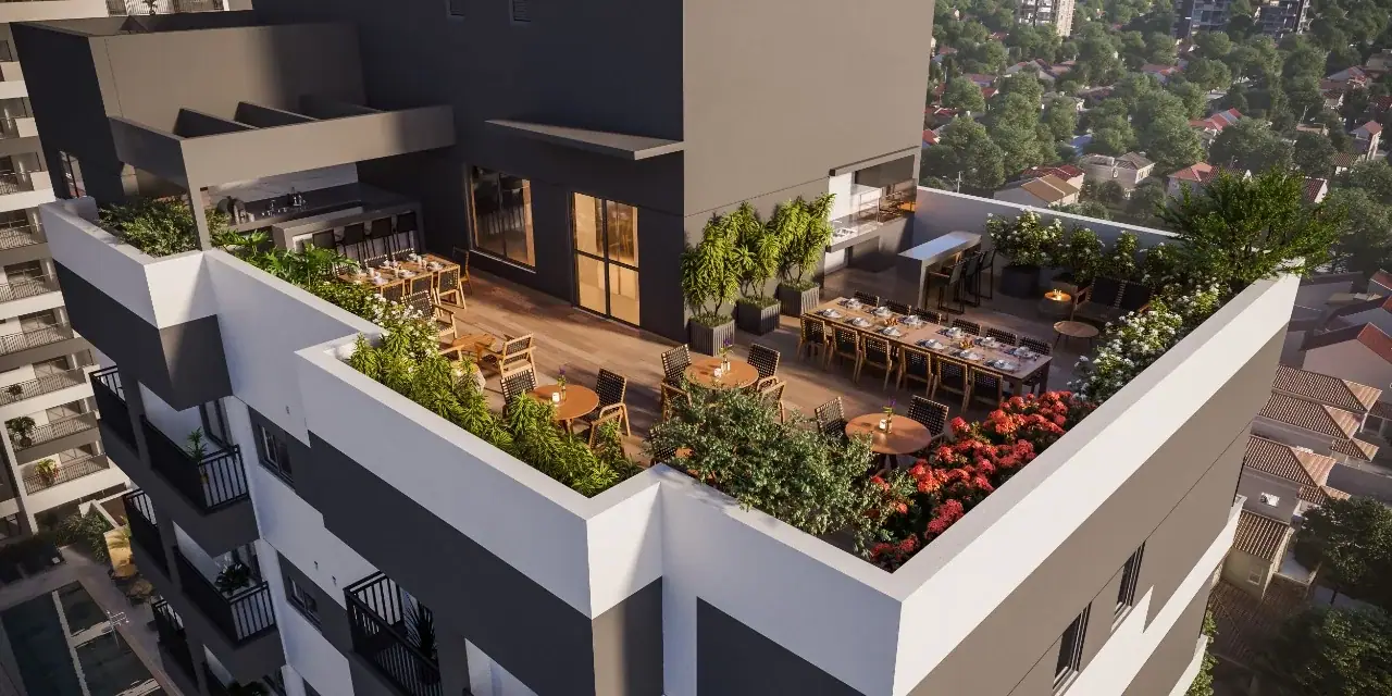 Terraço com churrasqueira - Área descoberta · Perspectiva artística