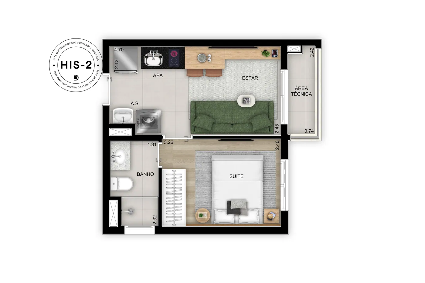 1 suíte - 29m² · Perspectiva artística