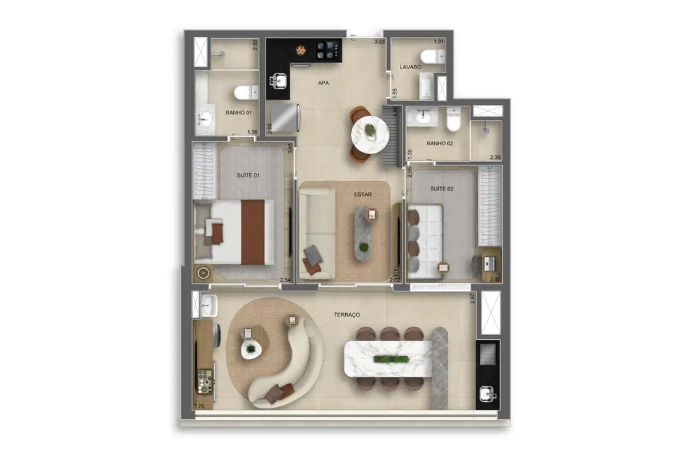 74m² | 2 Suítes c/ lavabo · Perspectiva artística