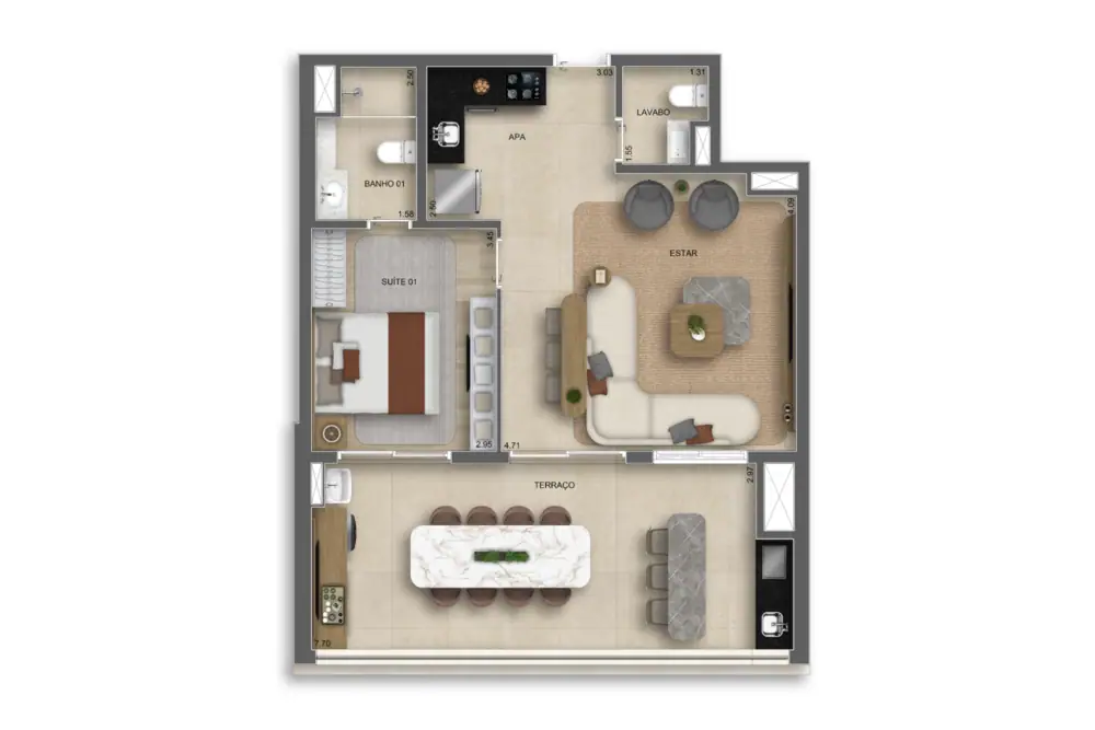 74m² | 1 Suíte c/ lavabo · Perspectiva artística