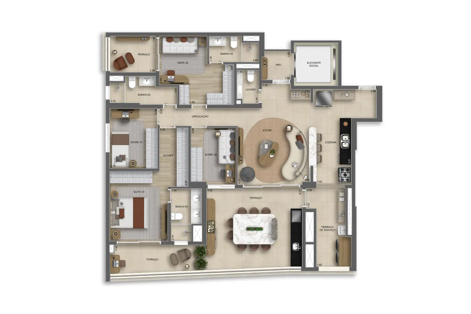 155m² | 4 Dorms. 2 suítes c/ lavabo · Perspectiva artística