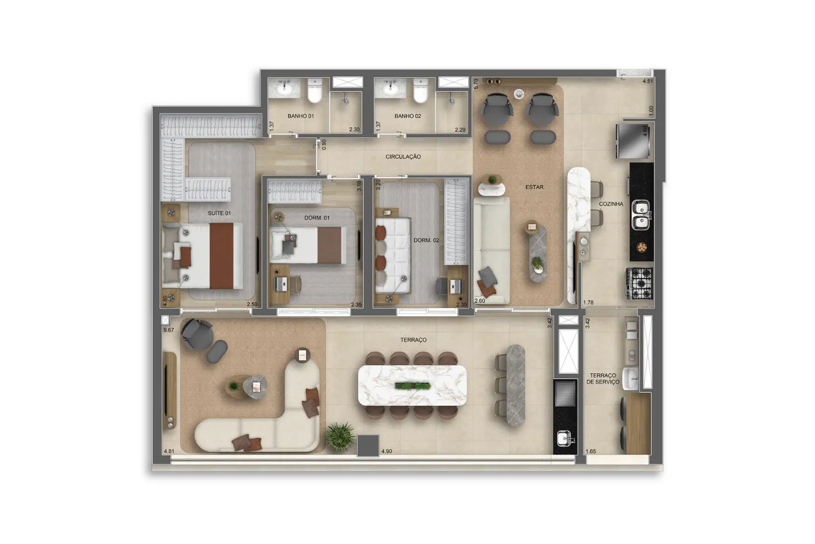 117m² | 3 Dorms. 01 Suíte · Perspectiva artística