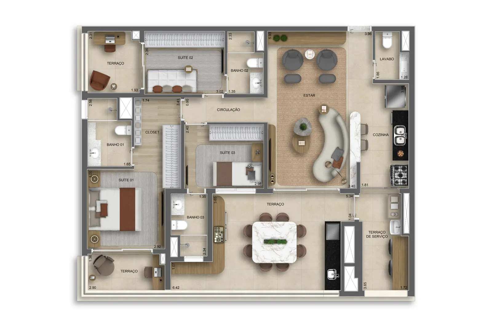 125m² | 3 Suítes c/ lavabo · Perspectiva artística