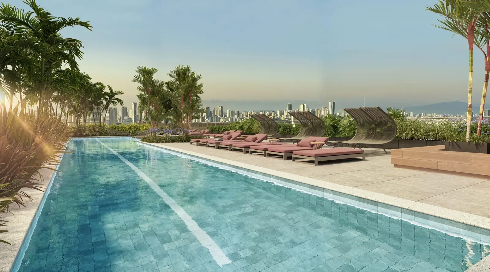 Piscina adulto c/ raia de 25m e vista panorâmica · Perspectiva artística