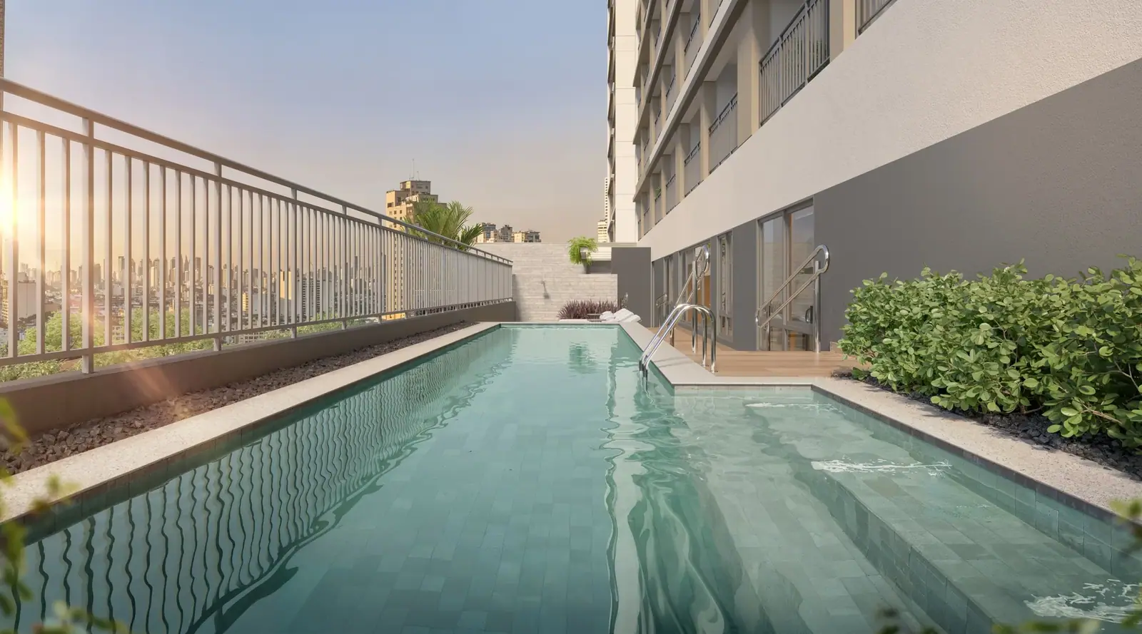 Piscina Adulto com Solarium e ducha · Perspectiva artística