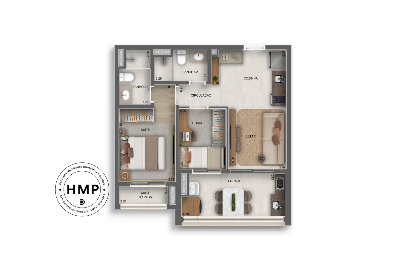 53m² | 2 dorms. (1 suíte) · Perspectiva artística