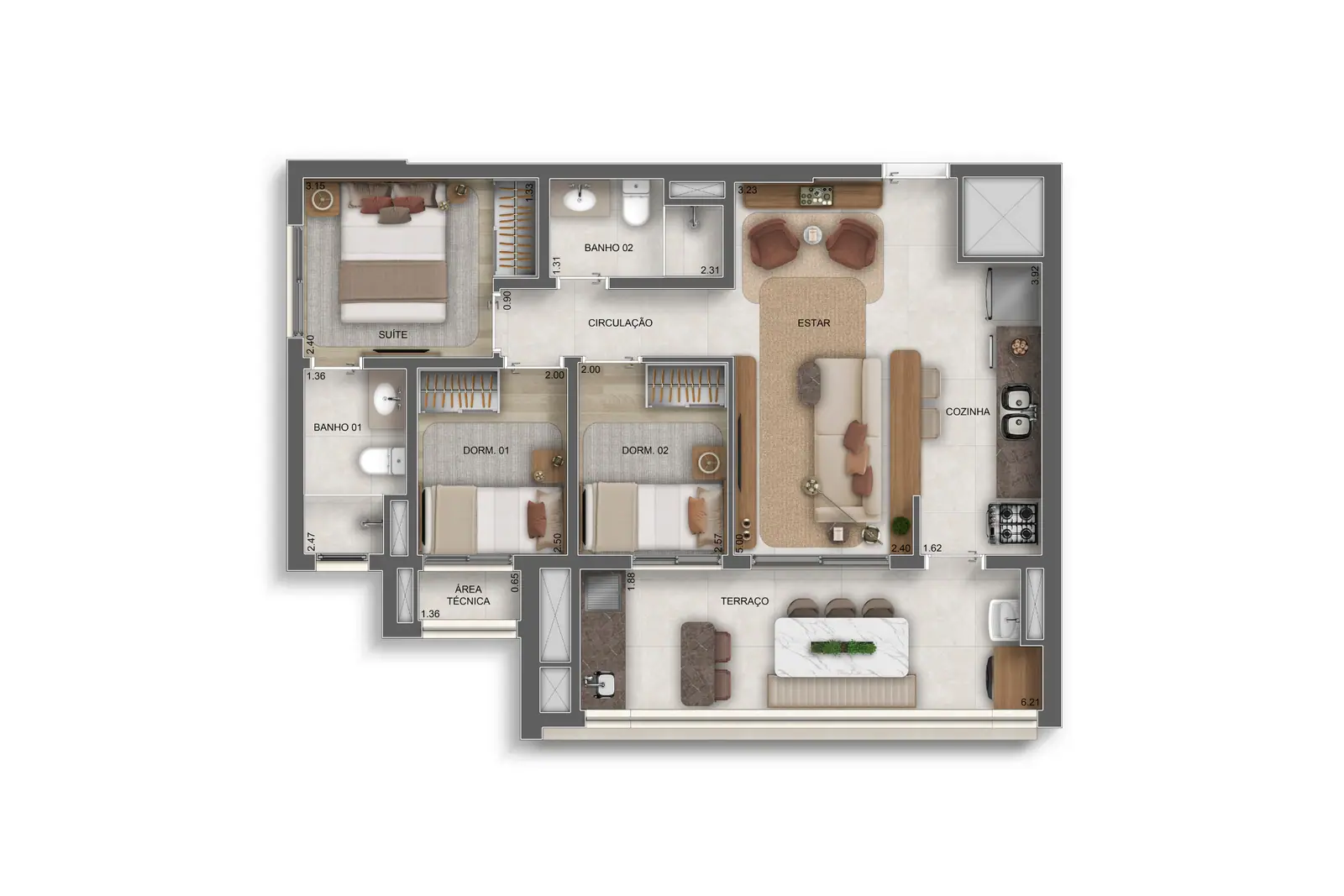 69m² | 3 dorms. (1 suíte) · Perspectiva artística