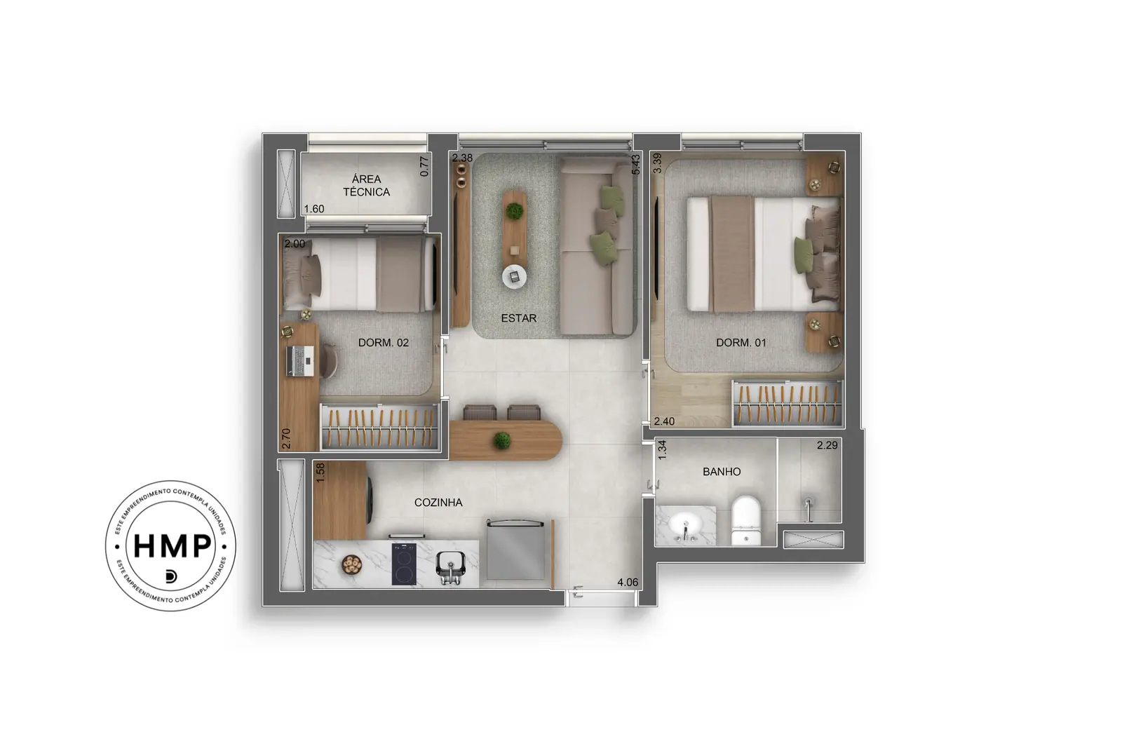40m² | 2 dorms. · Perspectiva artística