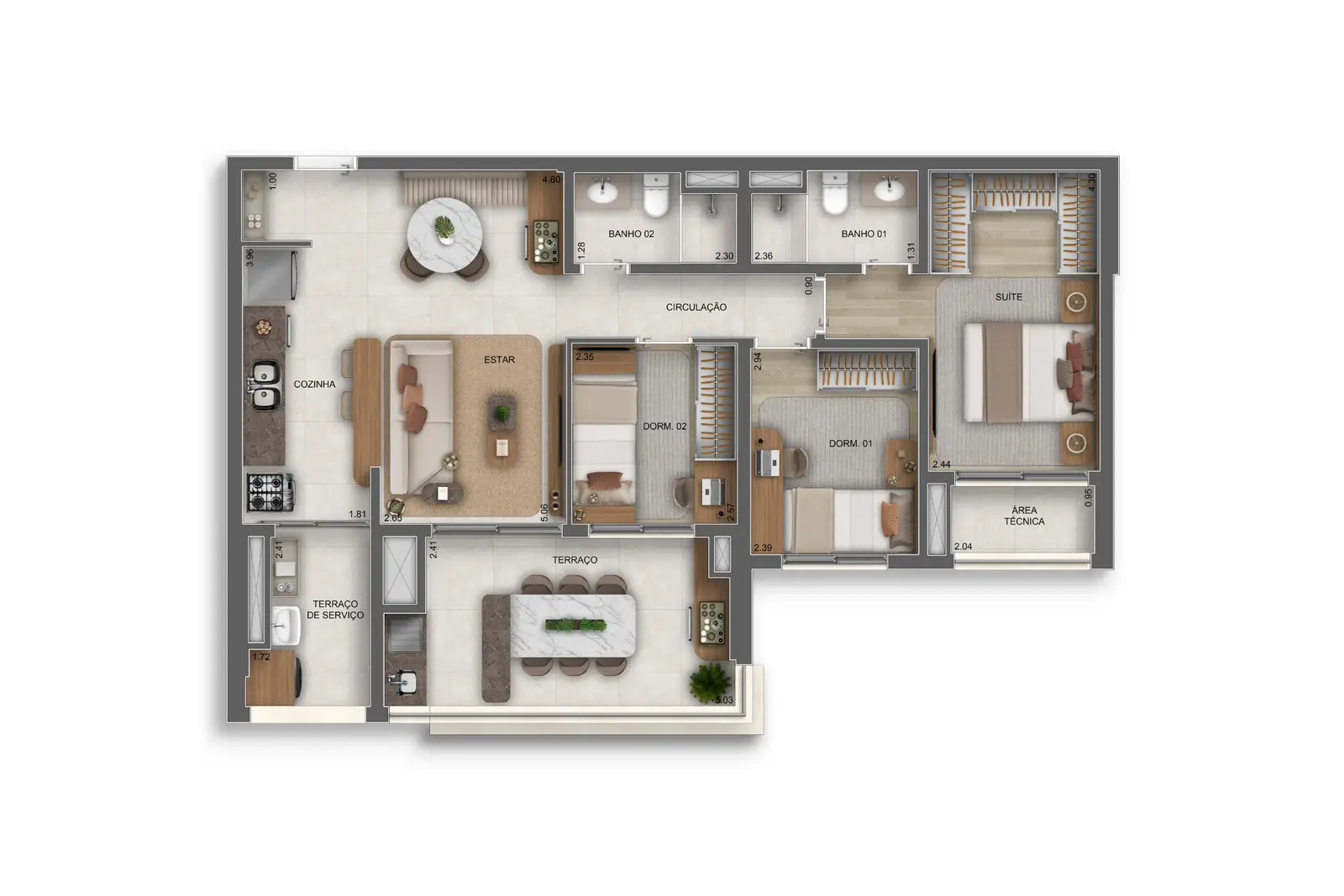 89m² | 3 dorms. (1 suíte) · Perspectiva artística