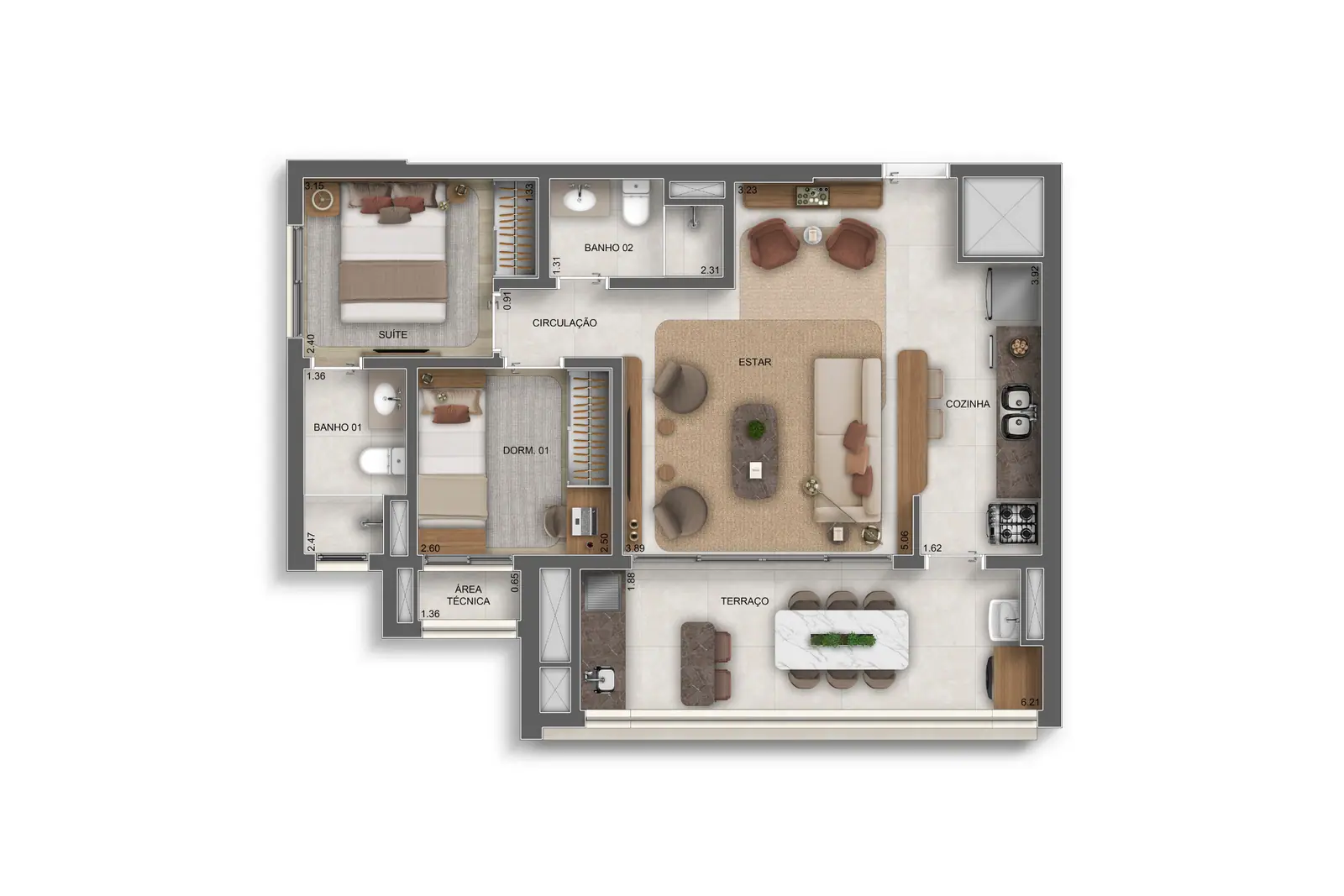 69m² | 2 dorms. (1 suíte) Opção ampliada · Perspectiva artística