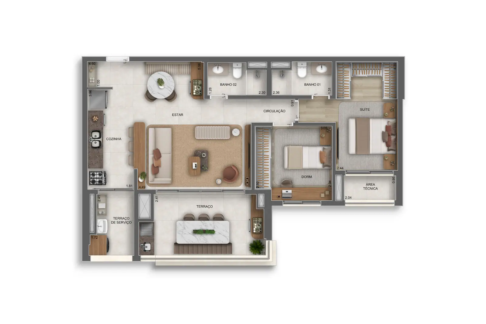 89m² | 2 dorms. (1 suíte) (opção ampliada) · Perspectiva artística