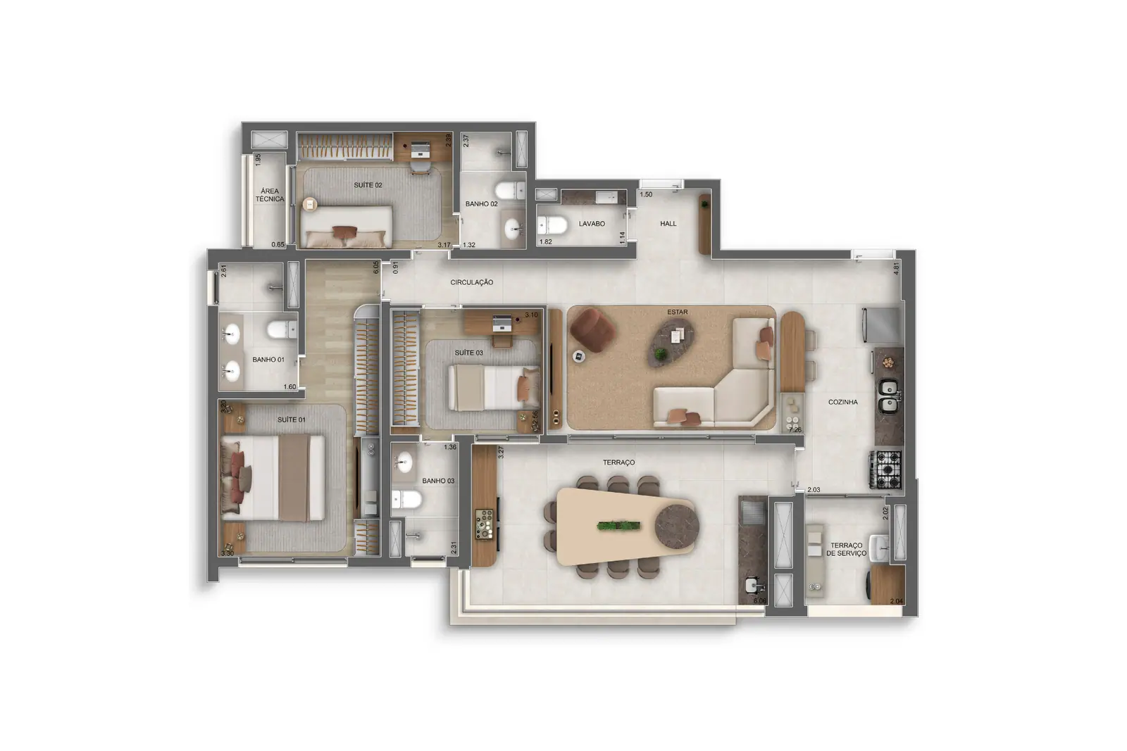 120m² I 3 Suítes c/ lavabo · Perspectiva artística