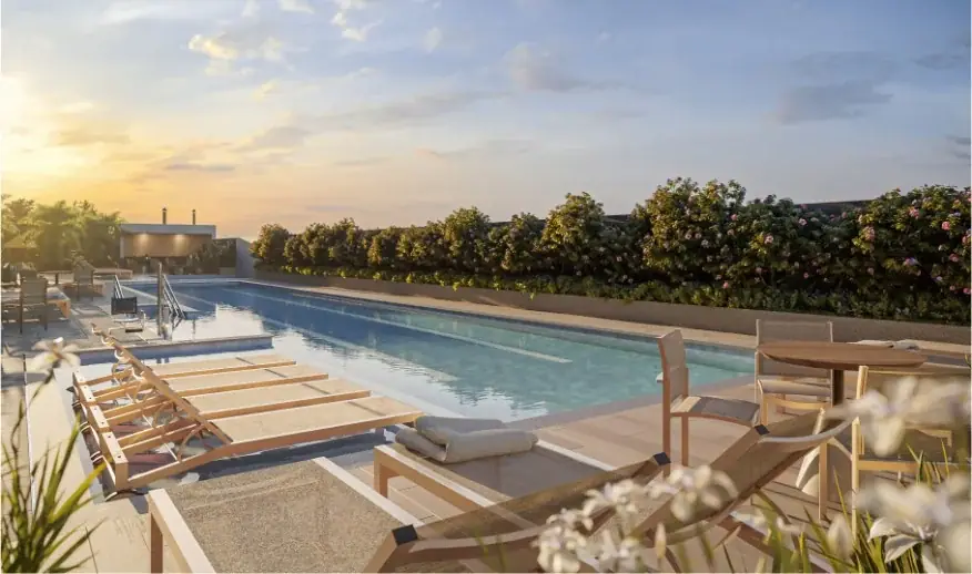 Piscina adulto com raia de 25m e deck molhado, piscina infantil, bar e solarium · Perspectiva artística