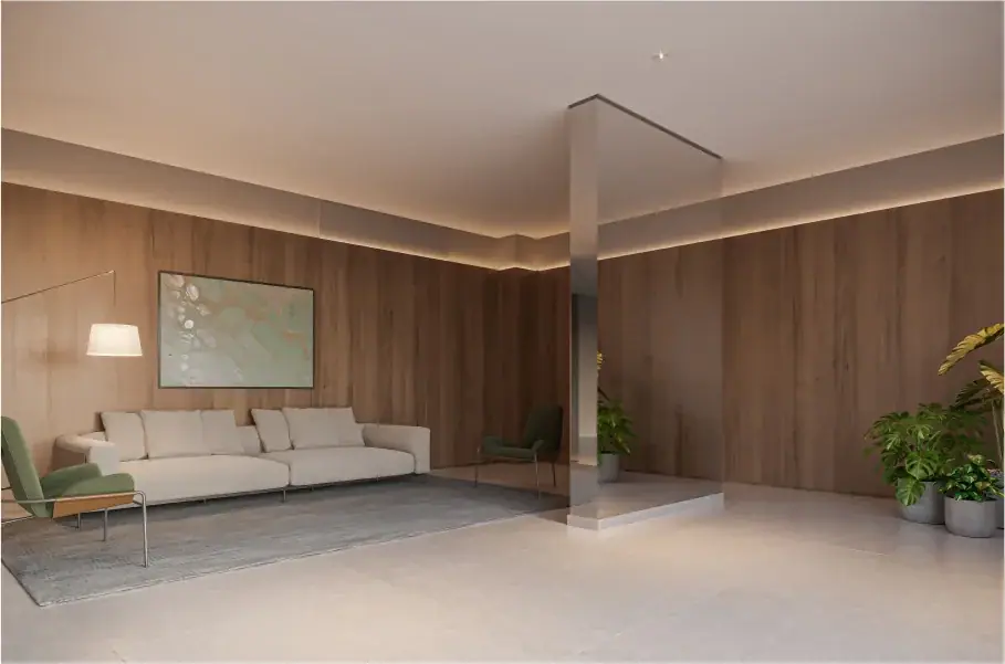 Lobby residencial · Perspectiva artística