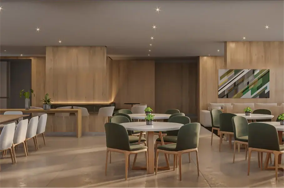 Salão de festas com 148m² · Perspectiva artística