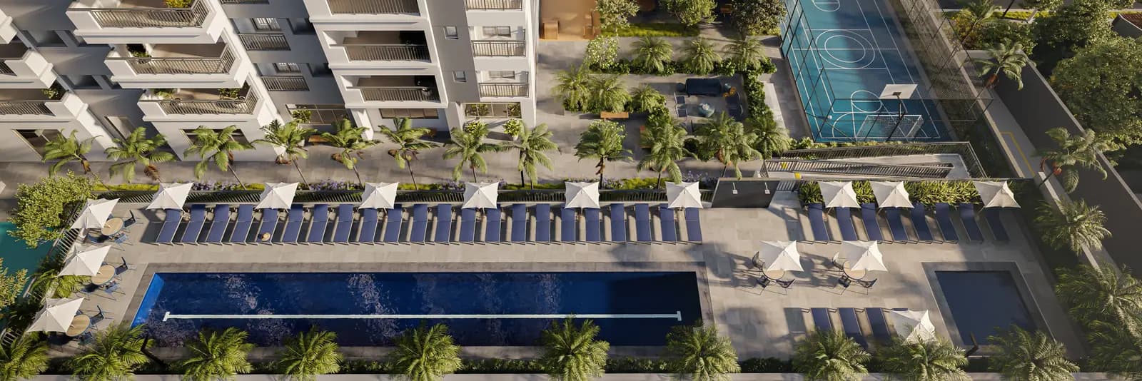 Piscina adulto com raia de 25m, piscina infantil, solarium · Perspectiva artística