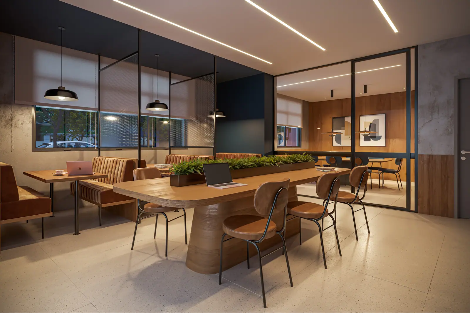 Coworking com sala de reunião · Perspectiva artística