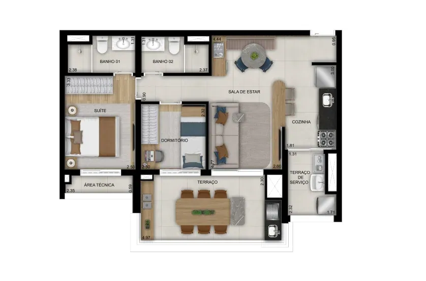 Planta de 2 dorms. (1 suíte) - 70m² · Perspectiva artística