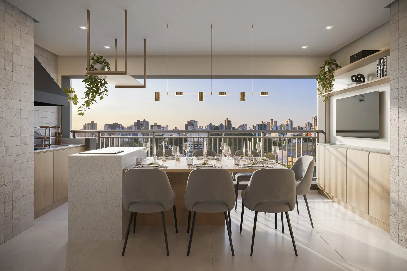 Terraço com churrasqueira a carvão do apto. de 2 suítes - Opção ampliado com lavabo - 91m² · Perspectiva artística