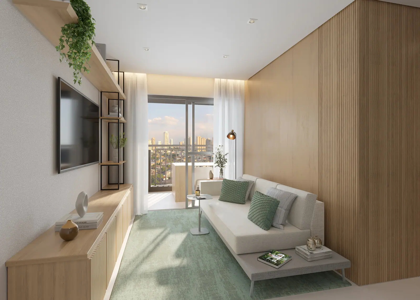 Living do apto. de 2 dorms. (1 suíte) - 55m² · Perspectiva artística