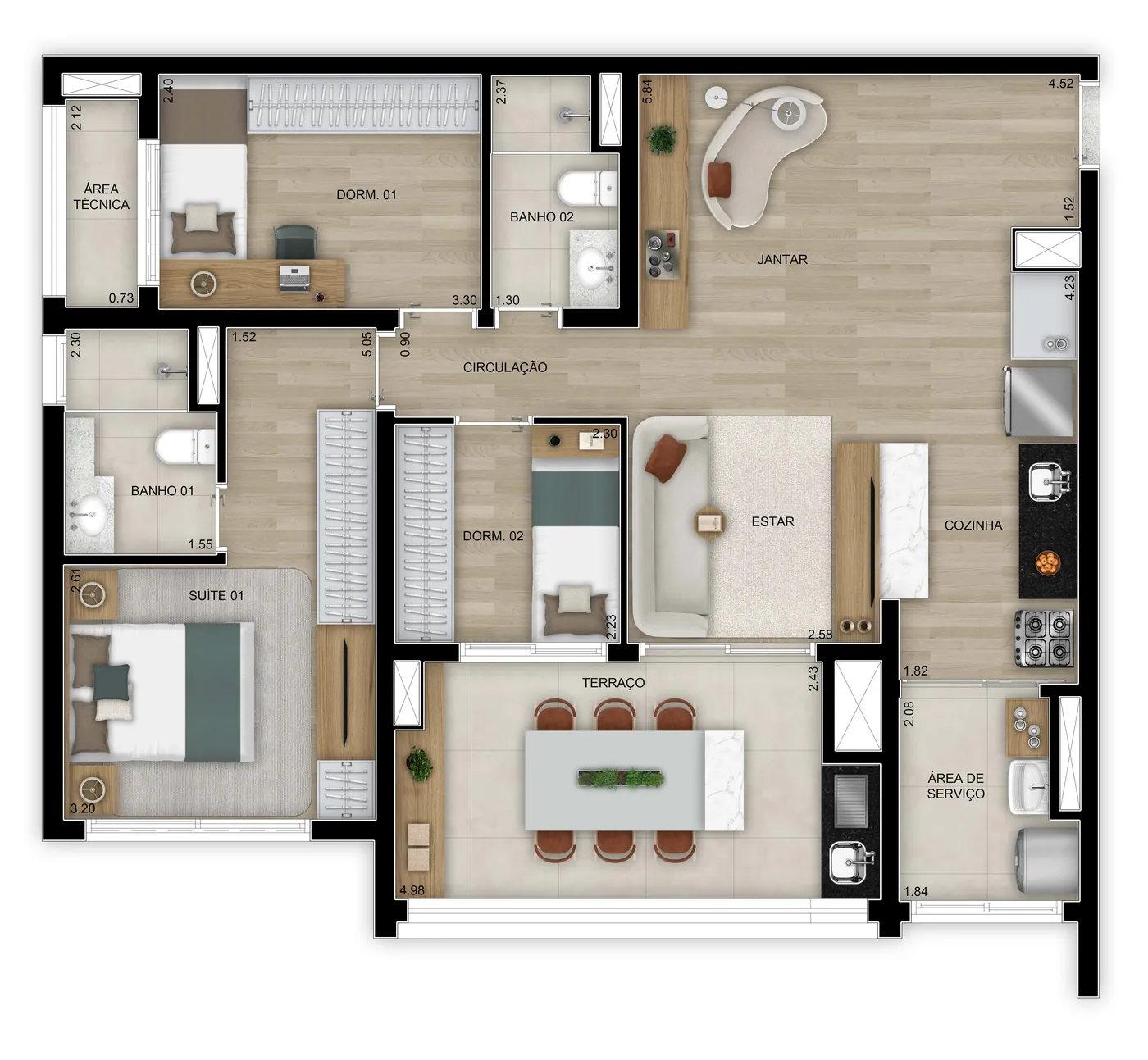 Planta 3 dorms. (1 suíte) - Opção ampliado com lavabo - 91m² - 5º ao 26º pavimento · Perspectiva artística