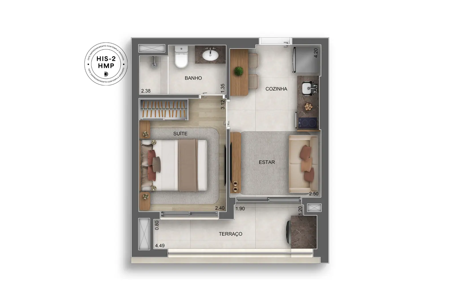 31m² | 1 Suíte. c/ terraço · Perspectiva artística