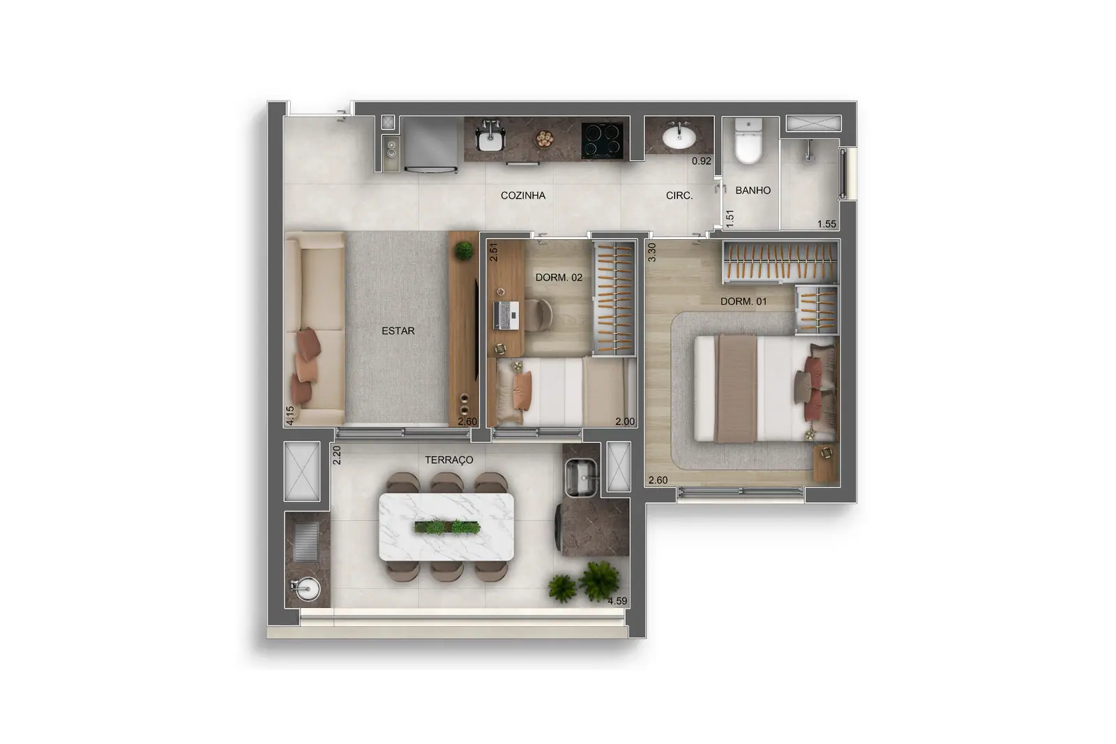 48m² | 2 Dorms. c/ terraço · Perspectiva artística