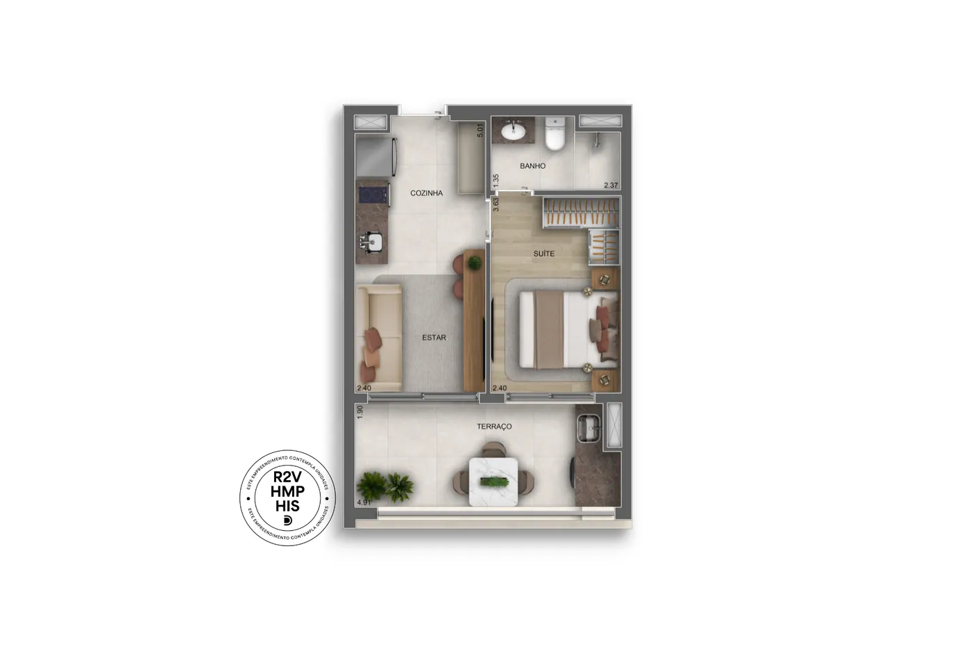 1 Suíte | 39m² · Perspectiva artística